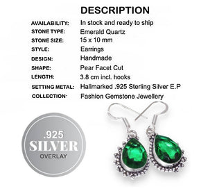 Handmade Faceted Emerald Quartz Pears Gemstone .925 Silver Earrings