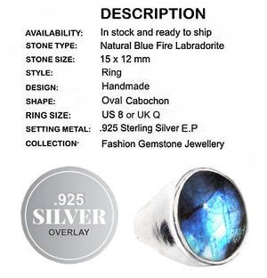 Natural Blue Fire Labradorite .925 Sterling Silver Ring Size 8