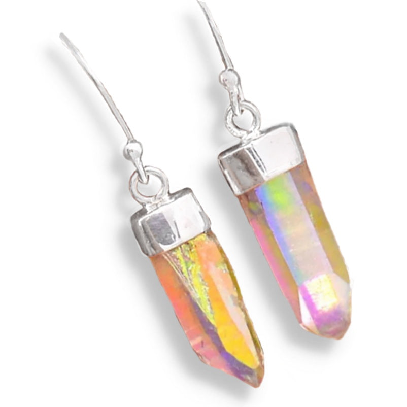 Natural Angel Aura Quartz Gemstone Solid .Sterling .925 Silver Earrings