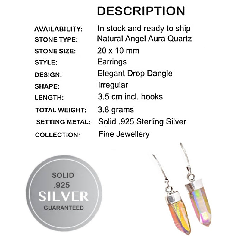 Natural Angel Aura Quartz Gemstone Solid .Sterling .925 Silver Earrings