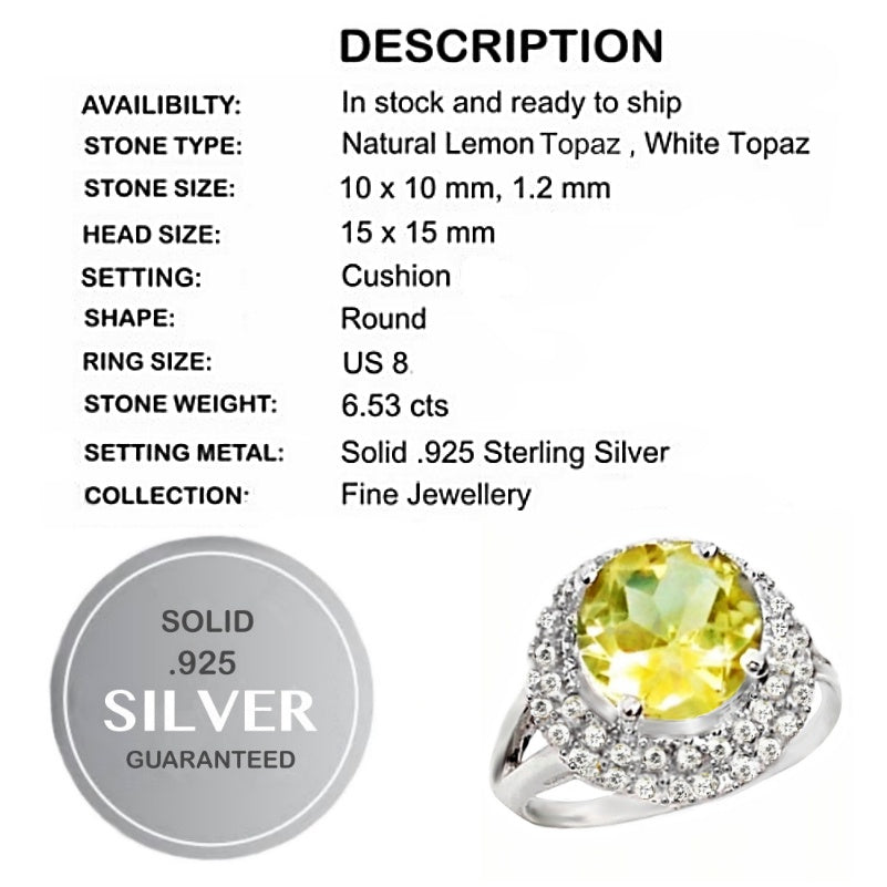 6.53 cts Natural Lemon Topaz, White Topaz Solid .925 Silver Ring Size 8