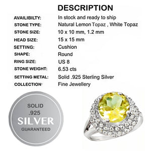 6.53 cts Natural Lemon Topaz, White Topaz Solid .925 Silver Ring Size 8