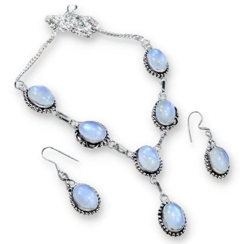 Luminescent Dichroic Glass Moonstone Look-a-like Hallmarked .925 Silver Necklace and Earrings Set