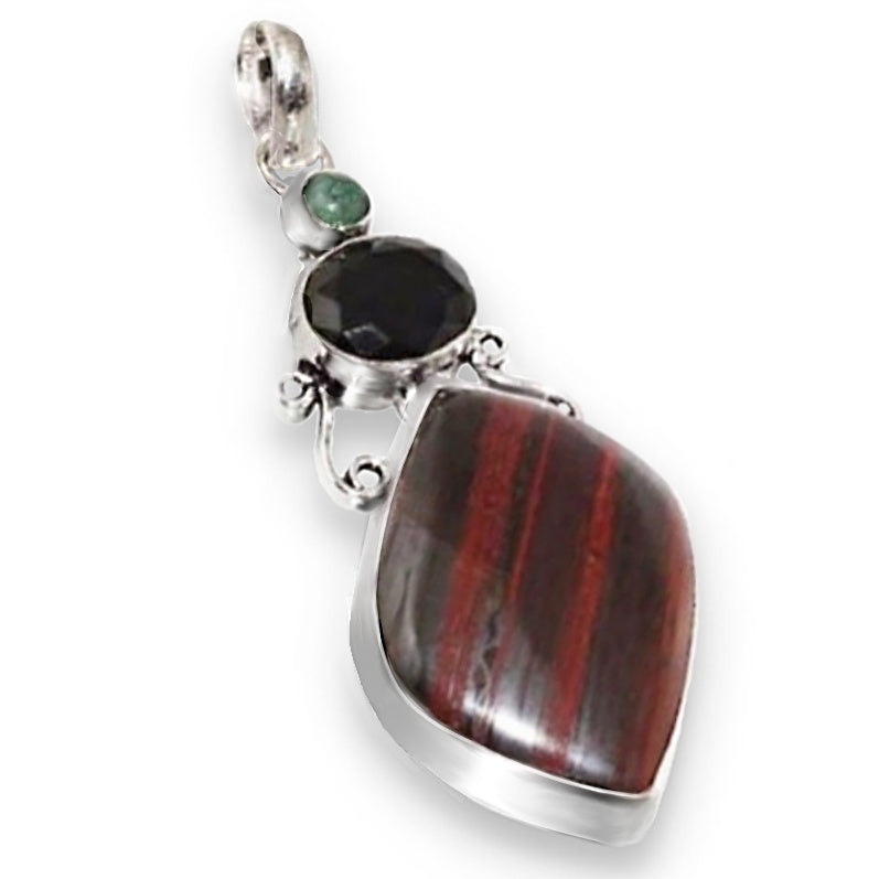 Natural Red Jasper Black Onyx, Green Onyx .925 Sterling Silver Pendant