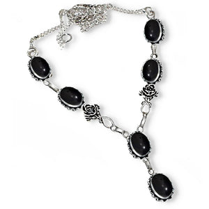 Natural Black Onyx Gemstone .925 Silver Necklace with Rose Accent in the chain