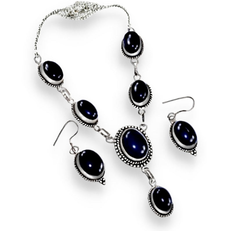 Natural Black Onyx Gemstone .925 Silver Necklace And Earrings Set