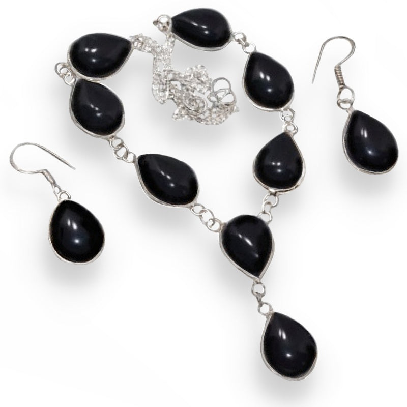 Handmade Black Onyx Pear Shape Gemstone .925 Silver Necklace And Earrings Set