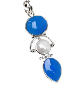 10.16cts Natural Blue Chalcedony, Pearl Solid .925 Sterling Silver Pendant