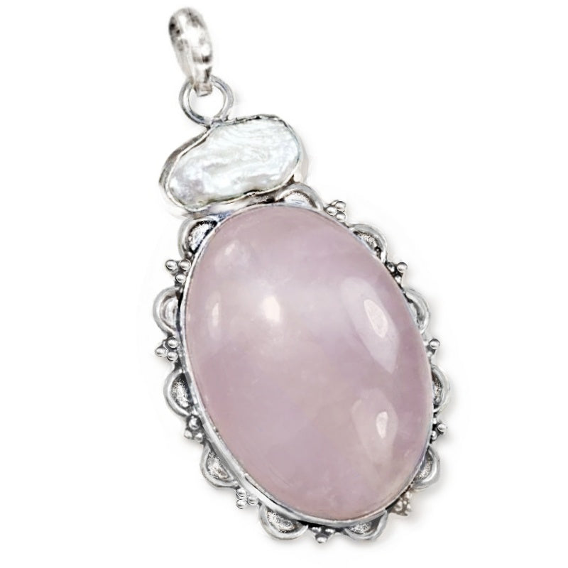 Natural Oval Pink Rose Quartz, Biwa Pearl .925 Sterling Silver Pendant