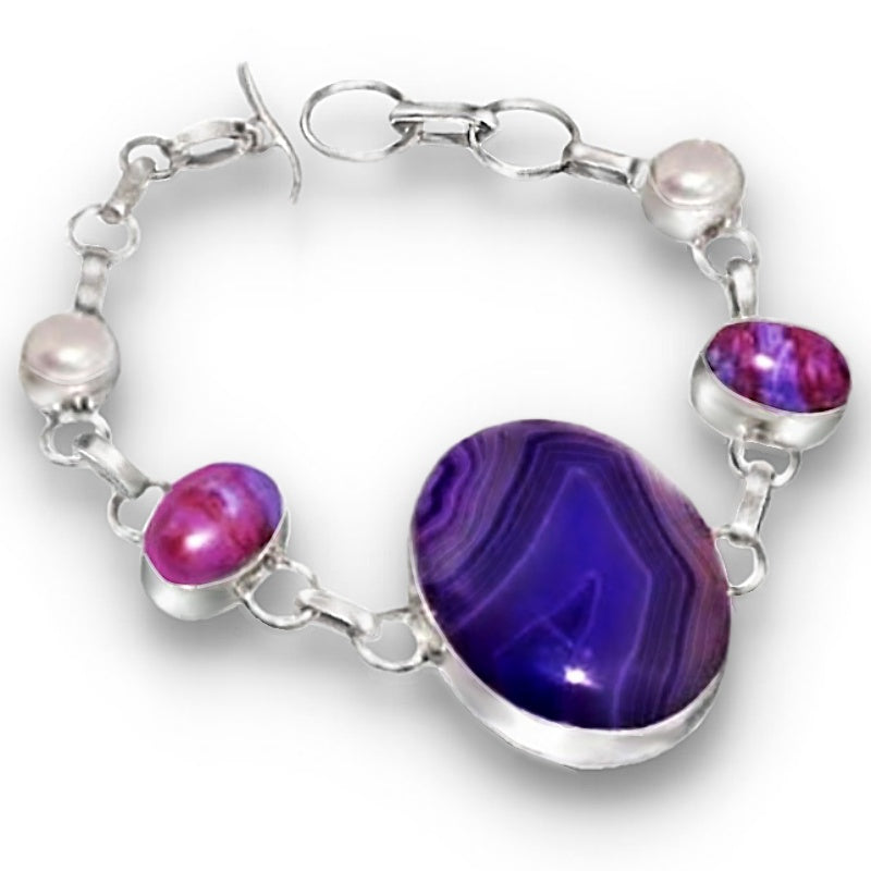 Natural Purple Botswana Lace Agate, Pearl and Mosaic Jasper Gemstone .925 Silver Bracelet