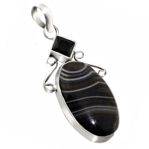 Natural Banded Black Onyx Gemstone .925 Silver Pendant