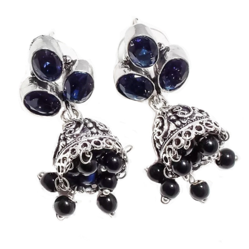 Handmade Blue Sapphire Quartz, Black Onyx (Jhumki) Gemstone Silver Stud Earrings