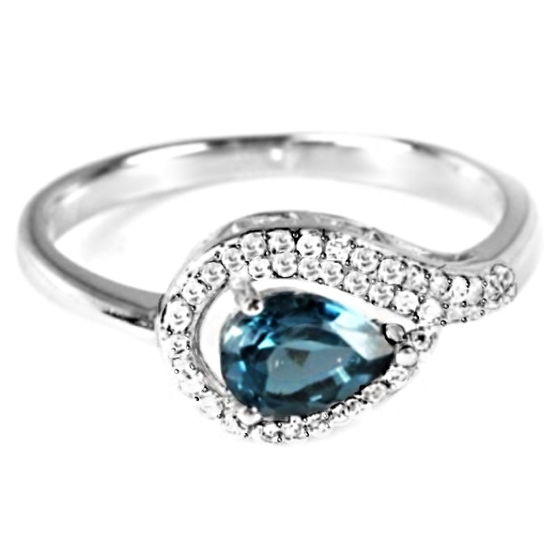 Natural London Blue Topaz White Cz Solid .925 Sterling Silver Size US 7.75 or P1/2