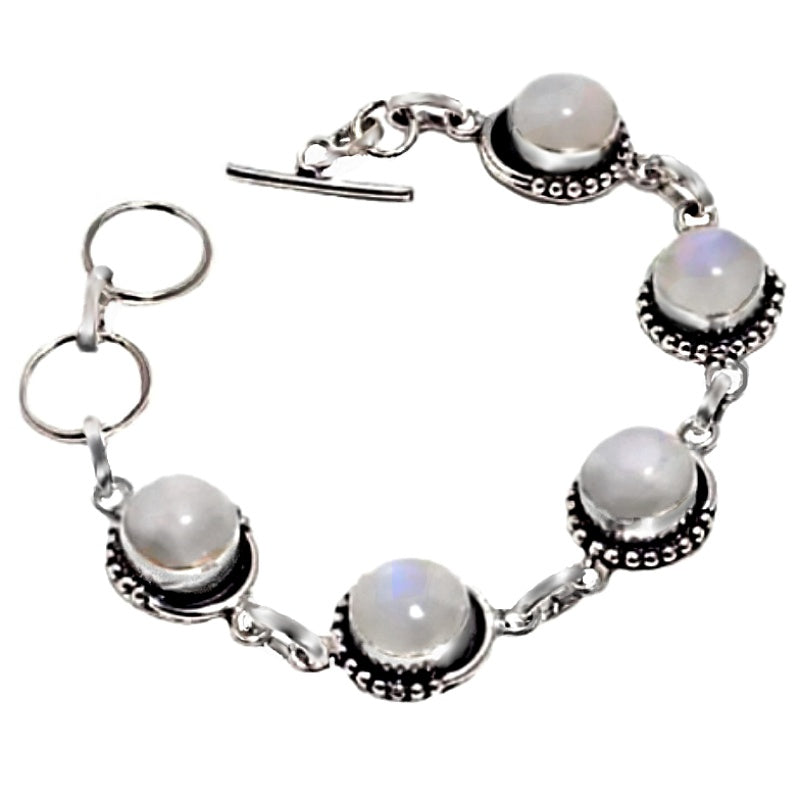 Natural Rainbow Moonstone Gemstone .925 Silver Bracelet