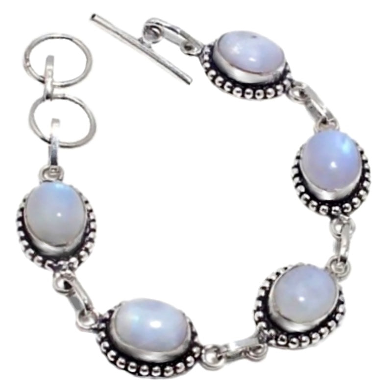 Handmade Natural Rainbow Moonstone Gemstone .925 Silver Bracelet