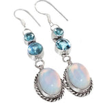 Exquisite Opalite Oval and Blue Topaz Gemstone .925 Sterling Silver Earrings