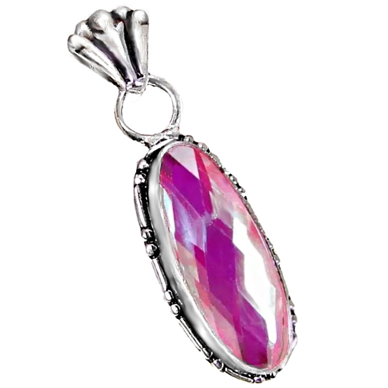 Dainty Aqua Pink Madagascar Fire Topaz Gemstone .925 Silver Pendant