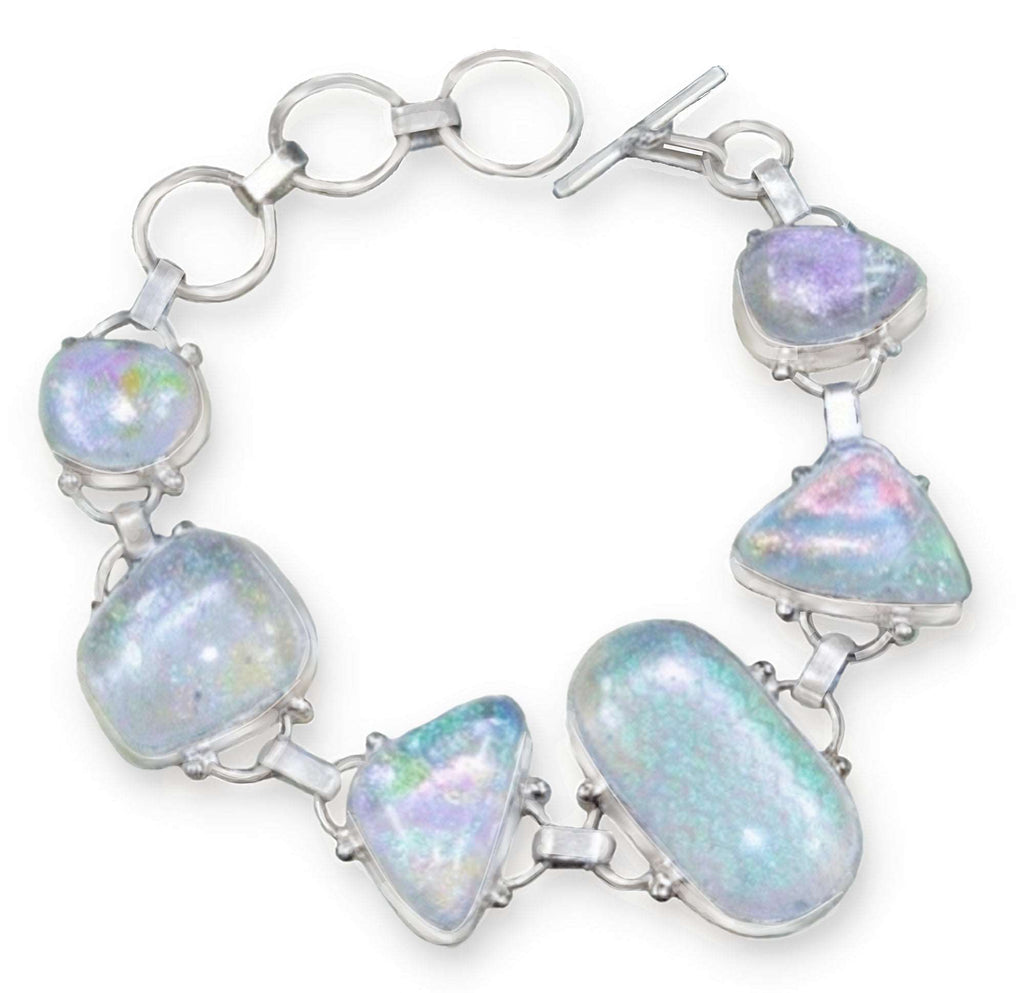 Handmade American Aqua Pink Green Dichroic Glass .925 Sterling Silver Bracelet