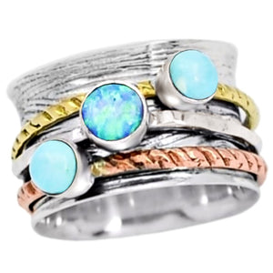 Victorian Three Tone Natural Sleeping Beauty Turquoise, Fire Opal Gemstone Solid .925 Silver Spinner Ring Size 7/o