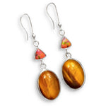 Natural Tigers Eye, Fire Opal Solid .925 Sterling Silver Earrings