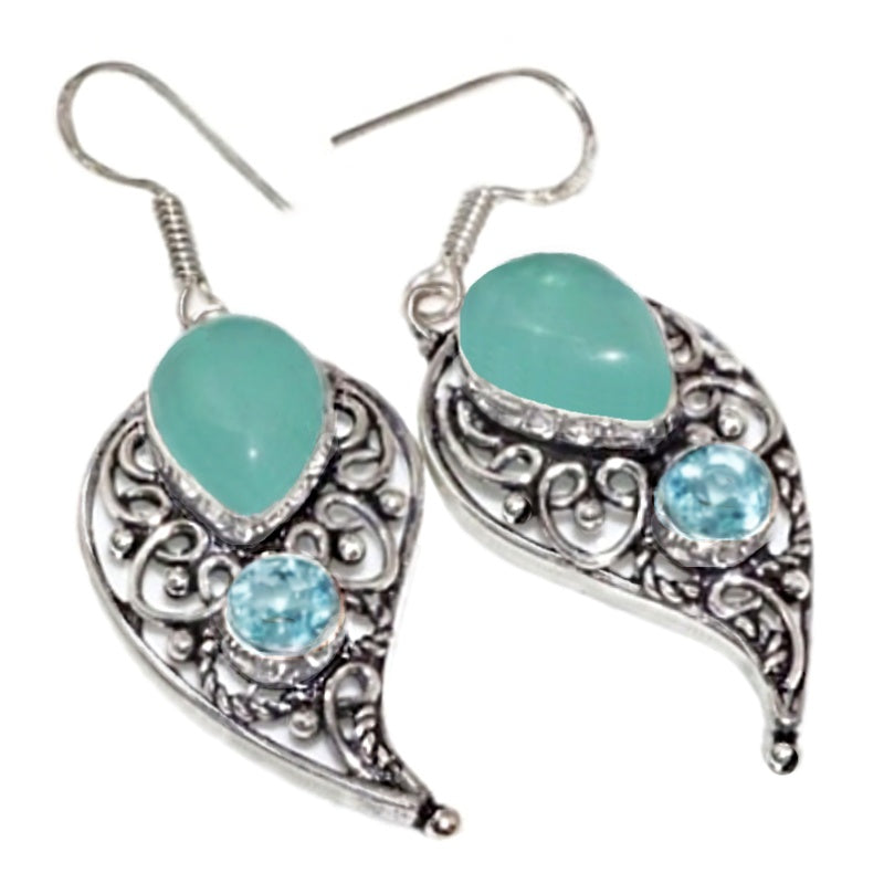 Handmade Paisley Design Aqua Chalcedony and Blue Topaz.925 Silver Earrings