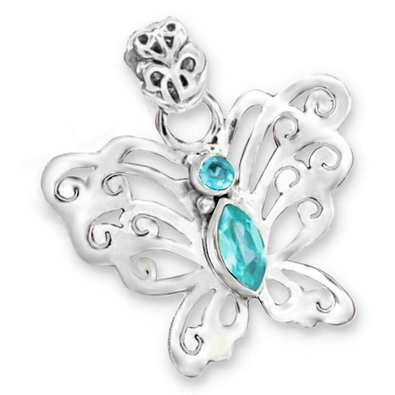 Dainty Natural Blue Topaz Solid 925 Sterling Silver Butterfly Pendant