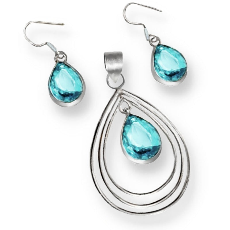 Blue Quartz Pears .925 Sterling Silver Pendant and Earrings Set