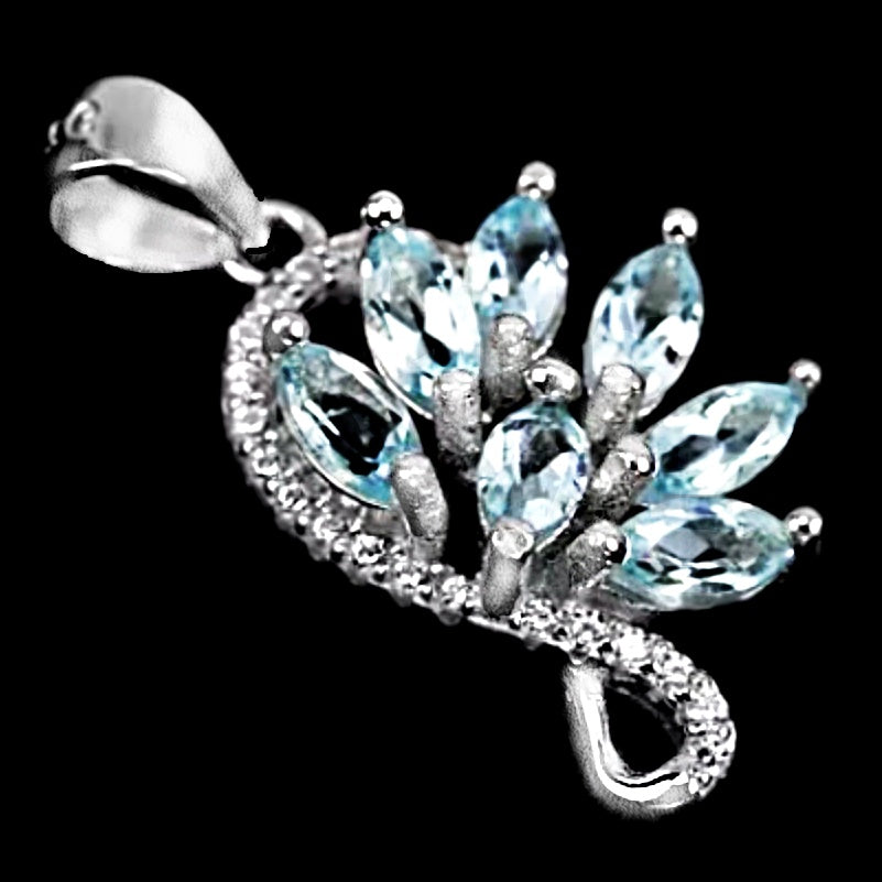 Top Grade Natural AAA Sky Blue Topaz, White Cubic Zirconia Solid .925 Sterling Silver Pendant