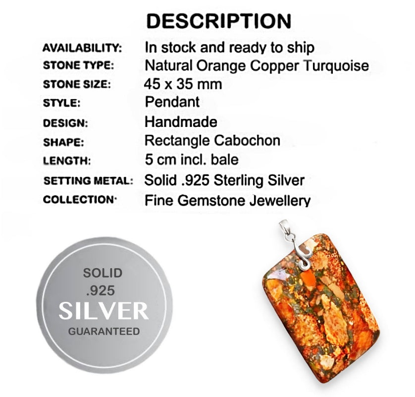 Natural Orange Copper Turquoise  Solid .925 Sterling Silver Pendant