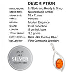 Genuine Baltic Amber  In Solid .925 Sterling Silver Pendant