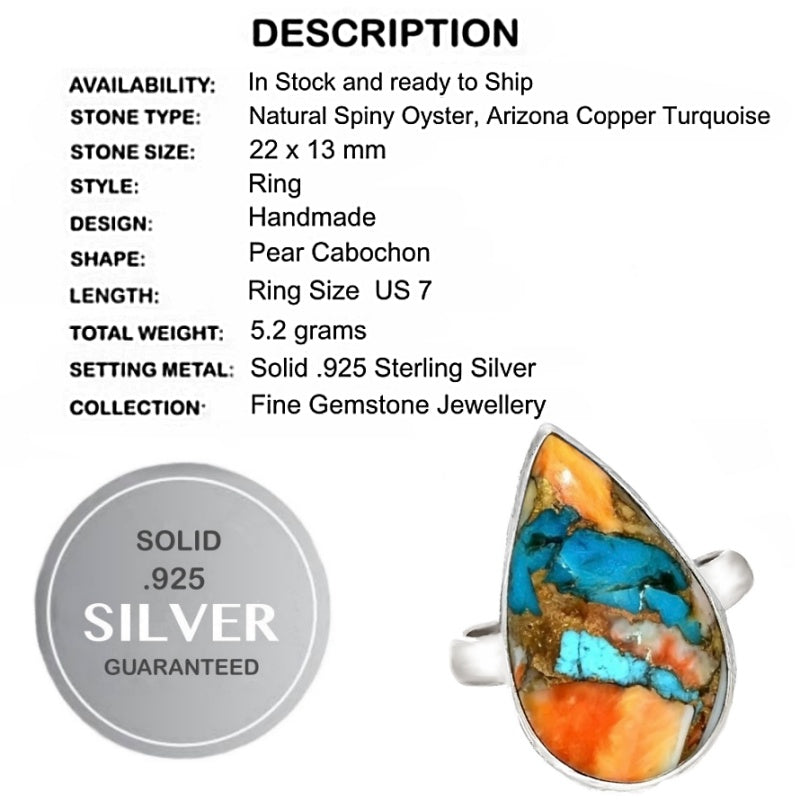 Natural Spiny Oyster South Western Arizona Turquoise Solid .925 Sterling Silver Ring size US 7