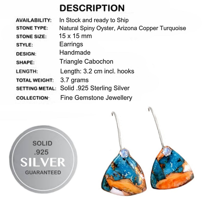 Trendy Natural Spiny Oyster Arizona Copper Turquoise Solid .925 Sterling Silver Earrings