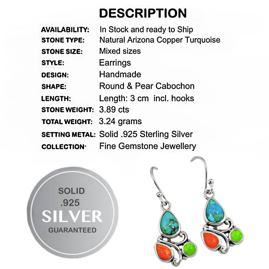 Natural  Arizona Turquoise Solid .925 Sterling Silver Earrings