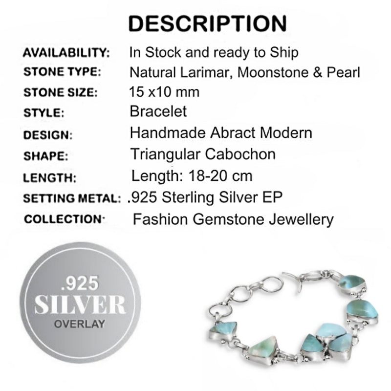 Natural Caribbean Larimar Gemstone .925 Sterling Silver Bracelet