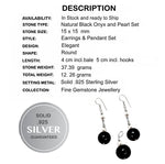 Natural Round Black Onyx, White Pearl .925 Silver Pendant & Earrings Set