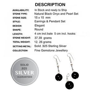 Natural Round Black Onyx, White Pearl .925 Silver Pendant & Earrings Set