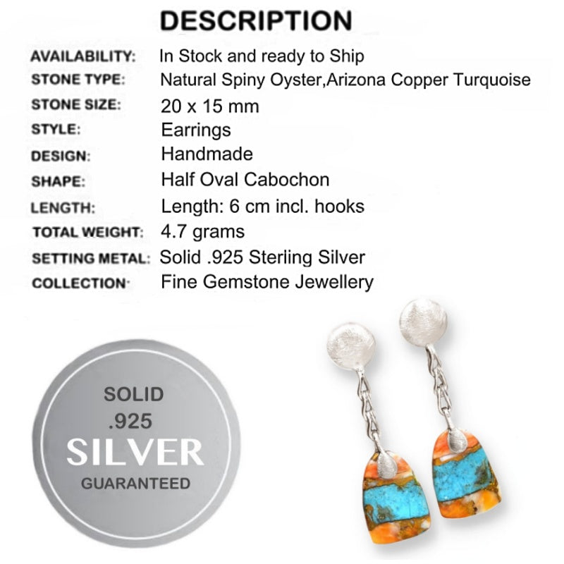 4.7 Grams Natural Spiny Oyster Arizona Turquoise Solid .925 Sterling Silver Earrings