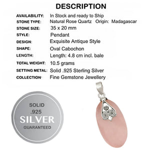 Natural Rose Quartz Oval Gemstone set with Solid.925 Sterling Silver Pendant