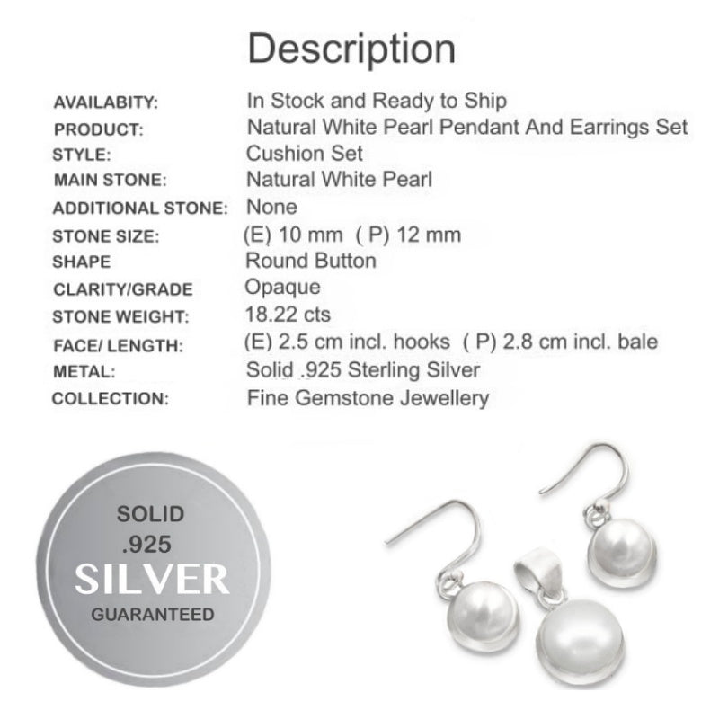 Dainty Natural White Pearl,  Solid .925 Sterling Silver Pendant & Earrings Set