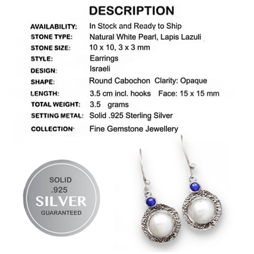 Israeli- Natural Freshwater White Pearl , Lapis Lazuli Solid .925 Sterling Silver Earrings