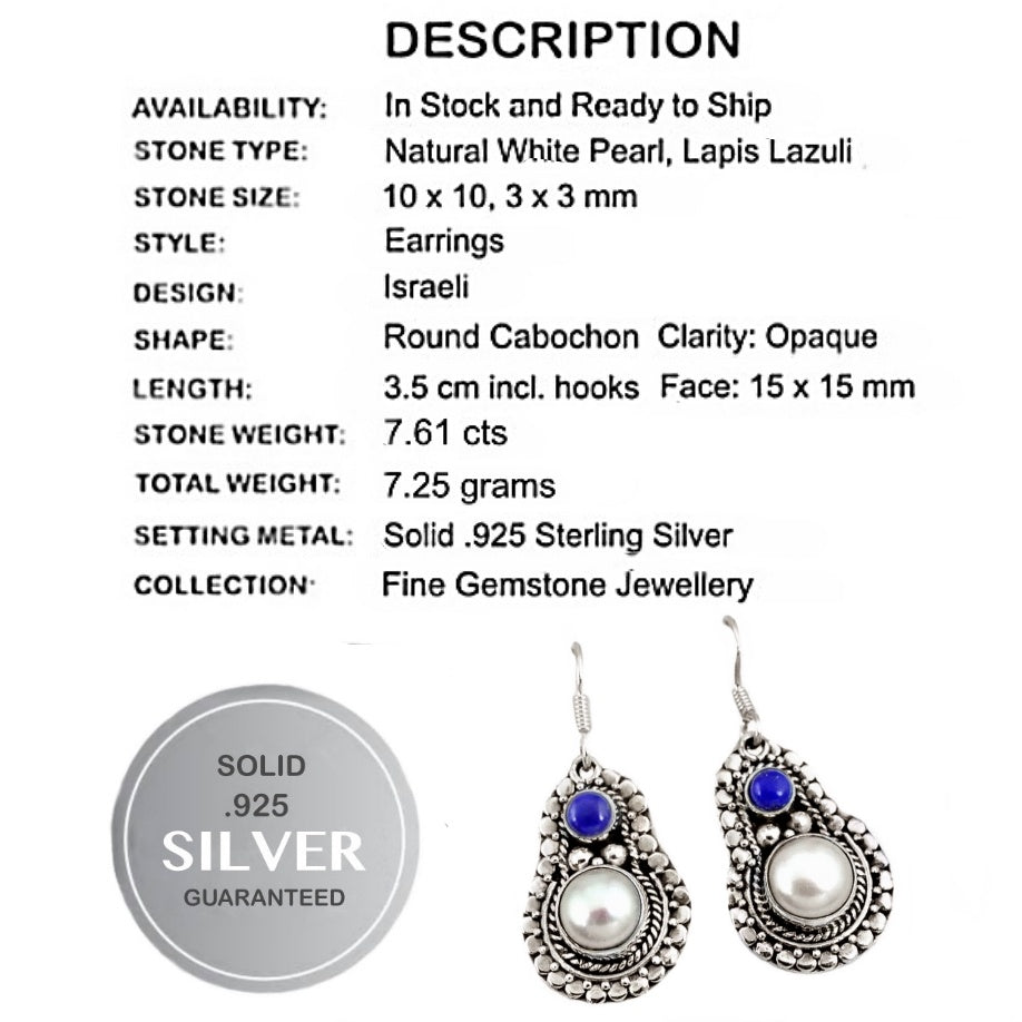 Natural White Pearl , Lapis Lazuli Solid .925 Sterling Silver Earrings