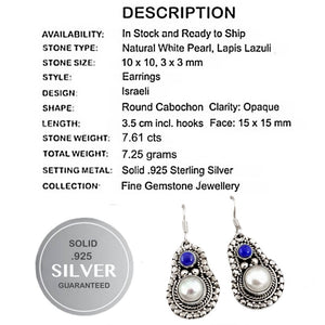 Natural White Pearl , Lapis Lazuli Solid .925 Sterling Silver Earrings