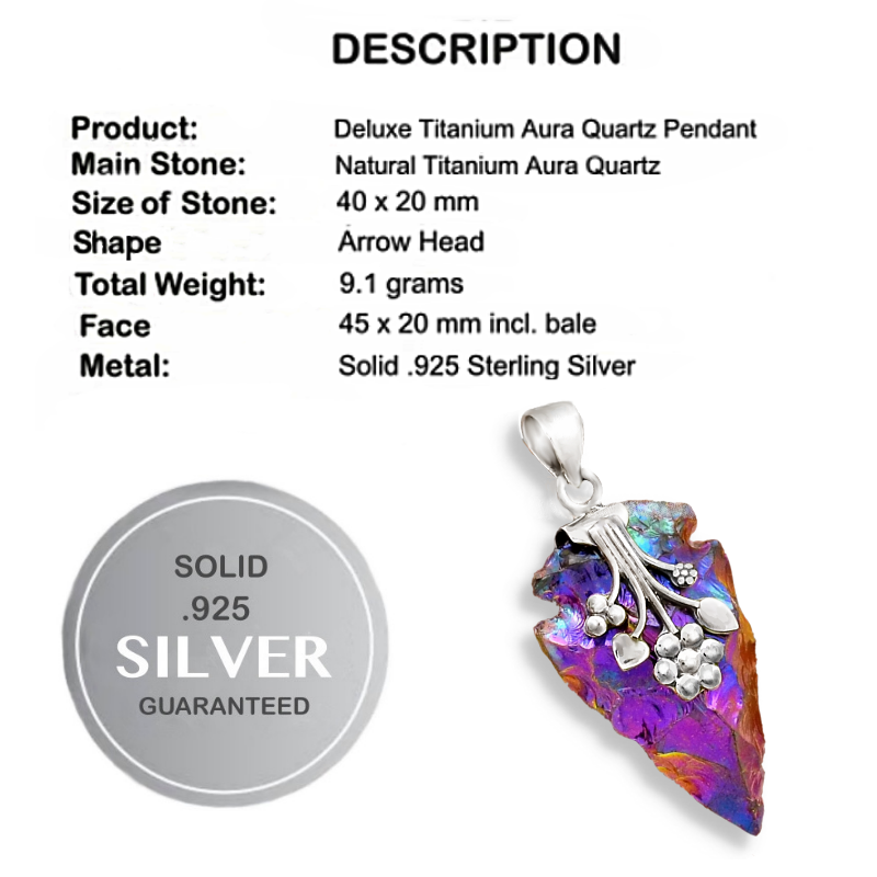 Natural Titanium Aura Quartz Solid 925 Sterling Silver Pendant