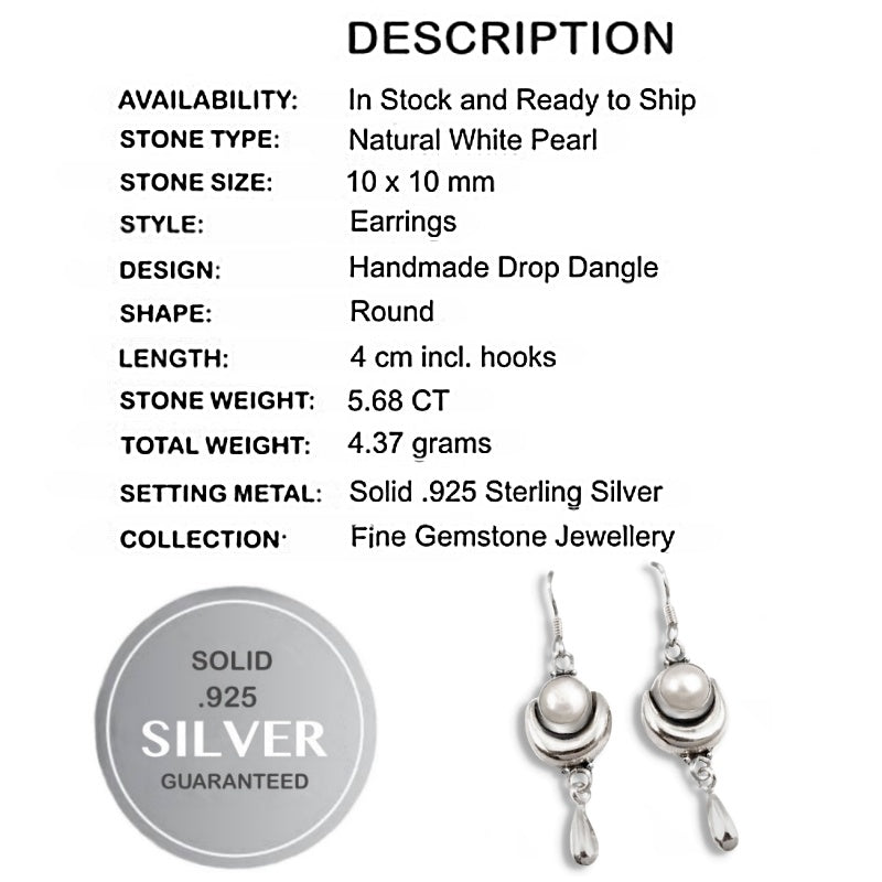 Elegant 5.68 Cts Natural White Pearl , Solid .925 Sterling Silver Earrings