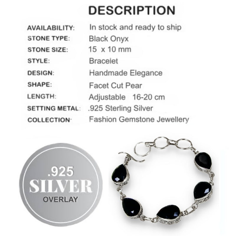 Handmade Natural Black Onyx Pears Gemstone .925 Silver Bracelet