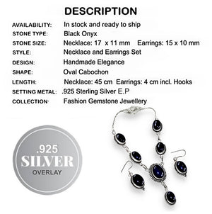 Natural Black Onyx Gemstone .925 Silver Necklace And Earrings Set