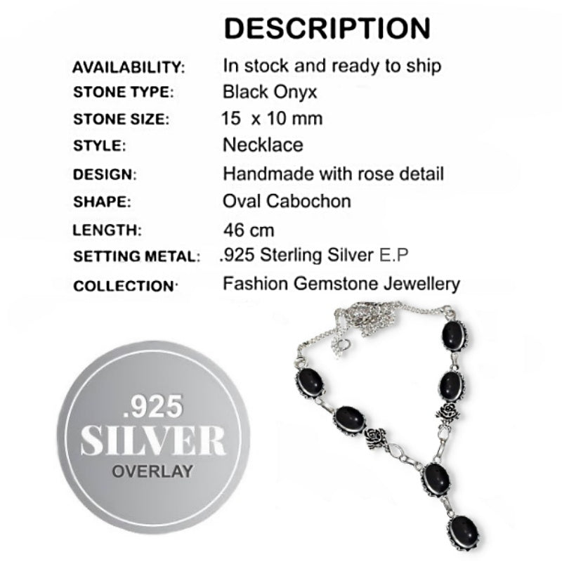 Natural Black Onyx Gemstone .925 Silver Necklace with Rose Accent in the chain