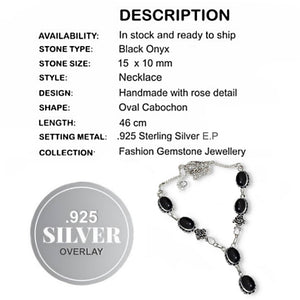 Natural Black Onyx Gemstone .925 Silver Necklace with Rose Accent in the chain