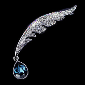 White Cubic Zirconia Feather Brooch with Drop Dangle Pear Gemstone in Silver and Blue or Gold and Rose Red - BELLADONNA