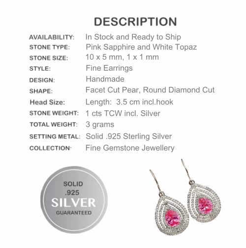 2 cts Pink Sapphire and White Topaz Gemstone Solid.925 Sterling Silver Earrings - BELLADONNA